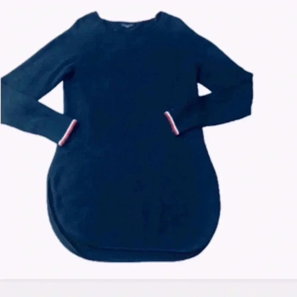 - tommy HILFIGER NAVY BLUE LONG SWEATER CURVED EDGES SIZE MEDIUM - Picture 2 of 8